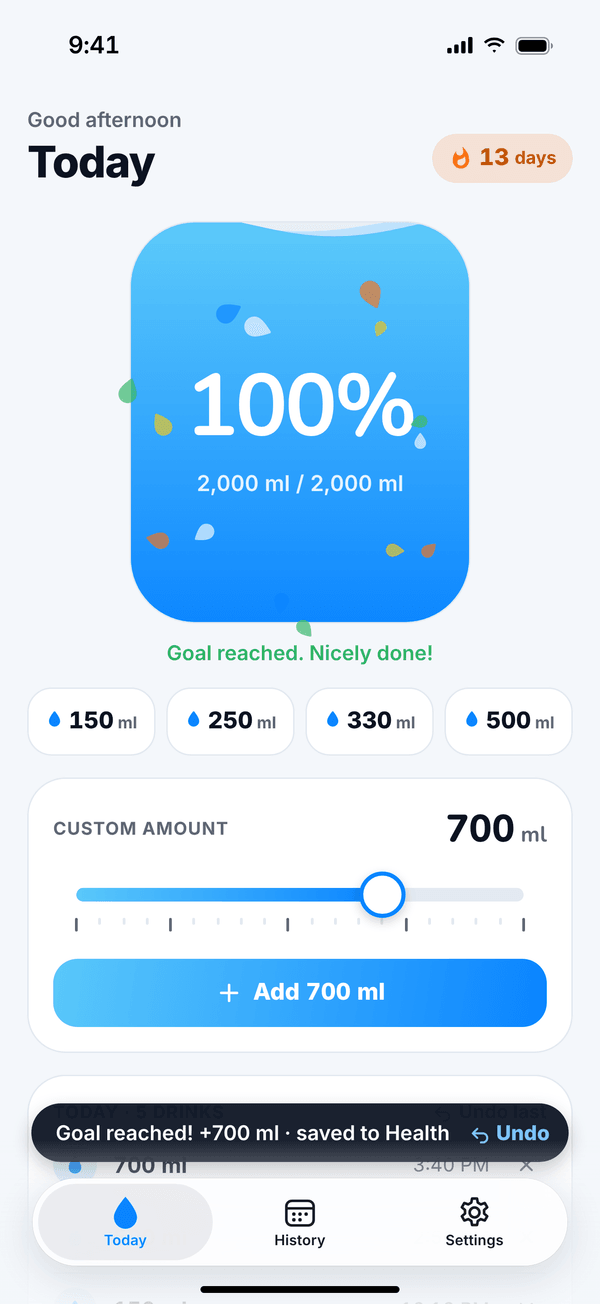 Rill Today screen at 100 percent with a goal-reached celebration and a 13-day streak