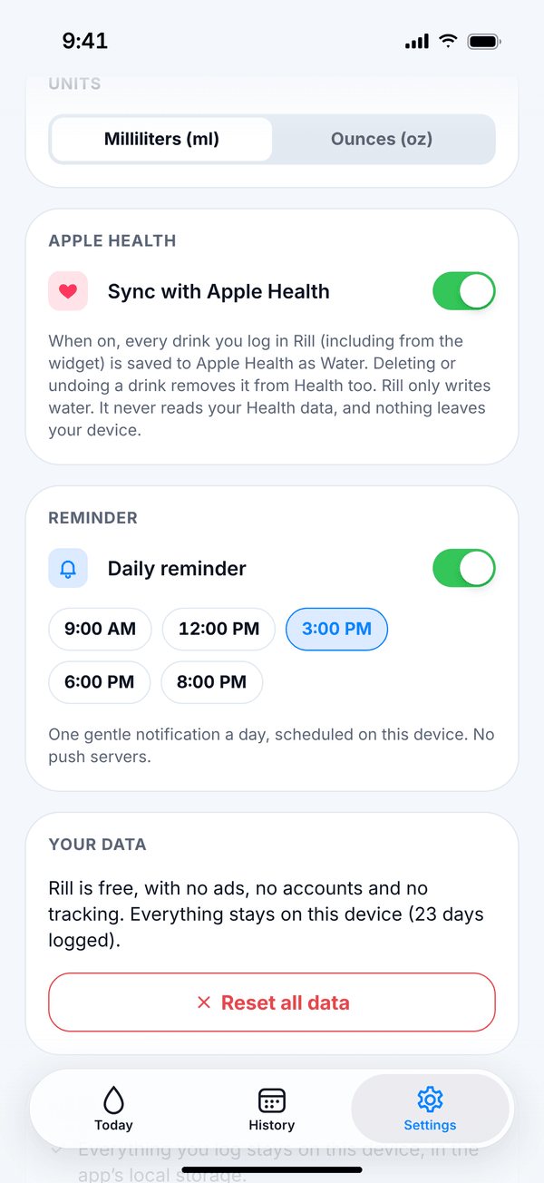 Rill Settings screen with the Sync with Apple Health switch, a daily reminder at 3 PM and the Your data card