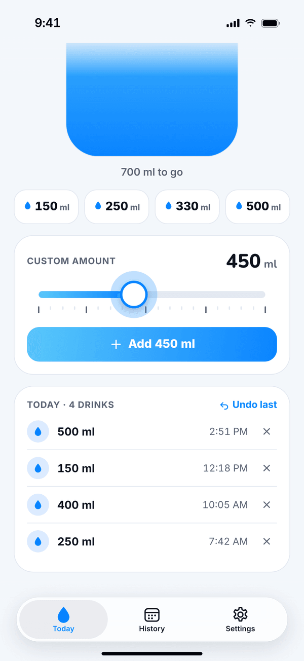 Rill custom amount slider mid-drag at 450 ml, above today’s list of drinks